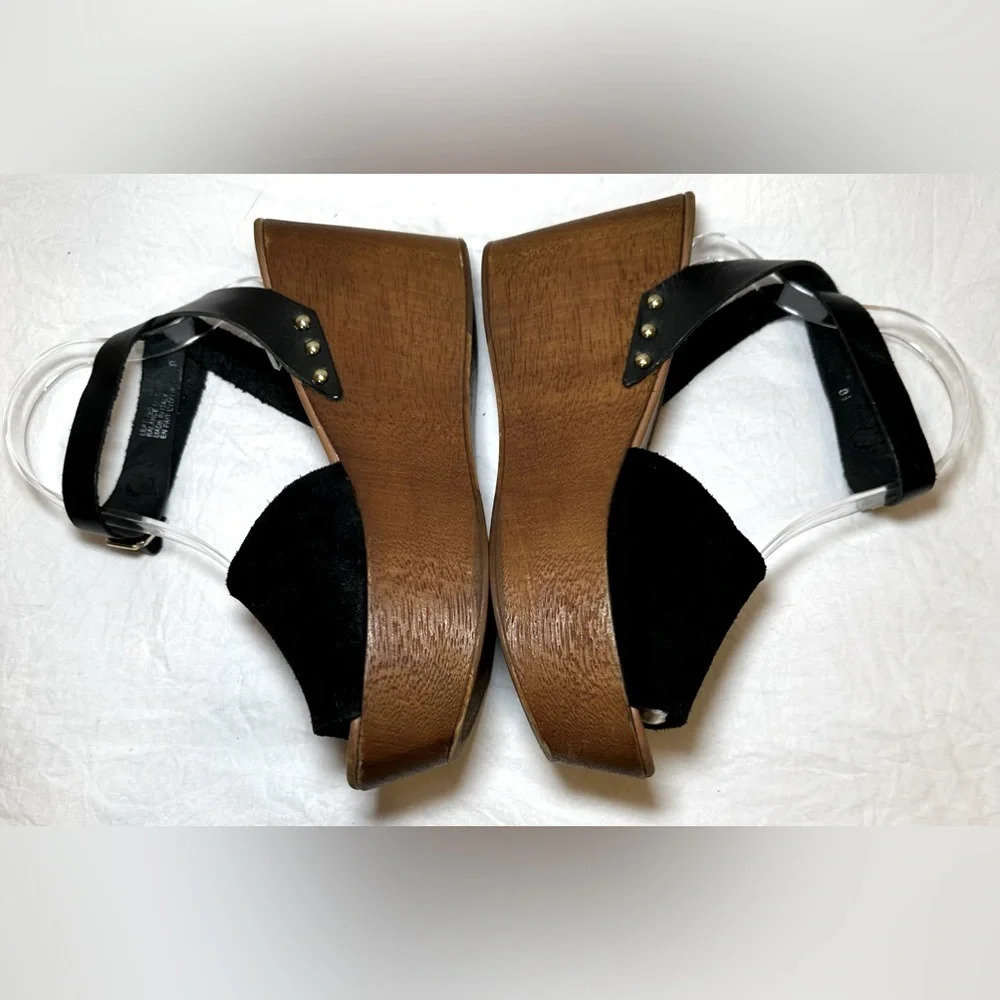 Seychelles women’s sandal “Forward Wedge” black suede strappy‎ ankle wrap strap